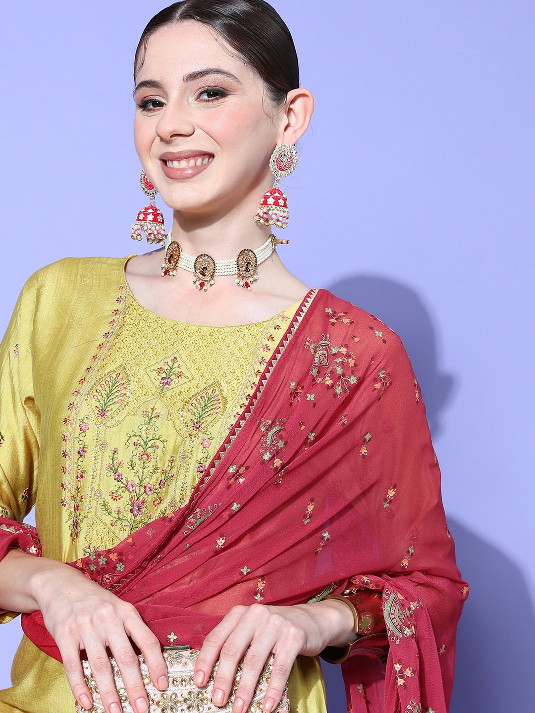 Sangria Ethnic Motifs Yoke Design Regular Sequinned Kurta with Trousers & Dupatta - Distacart