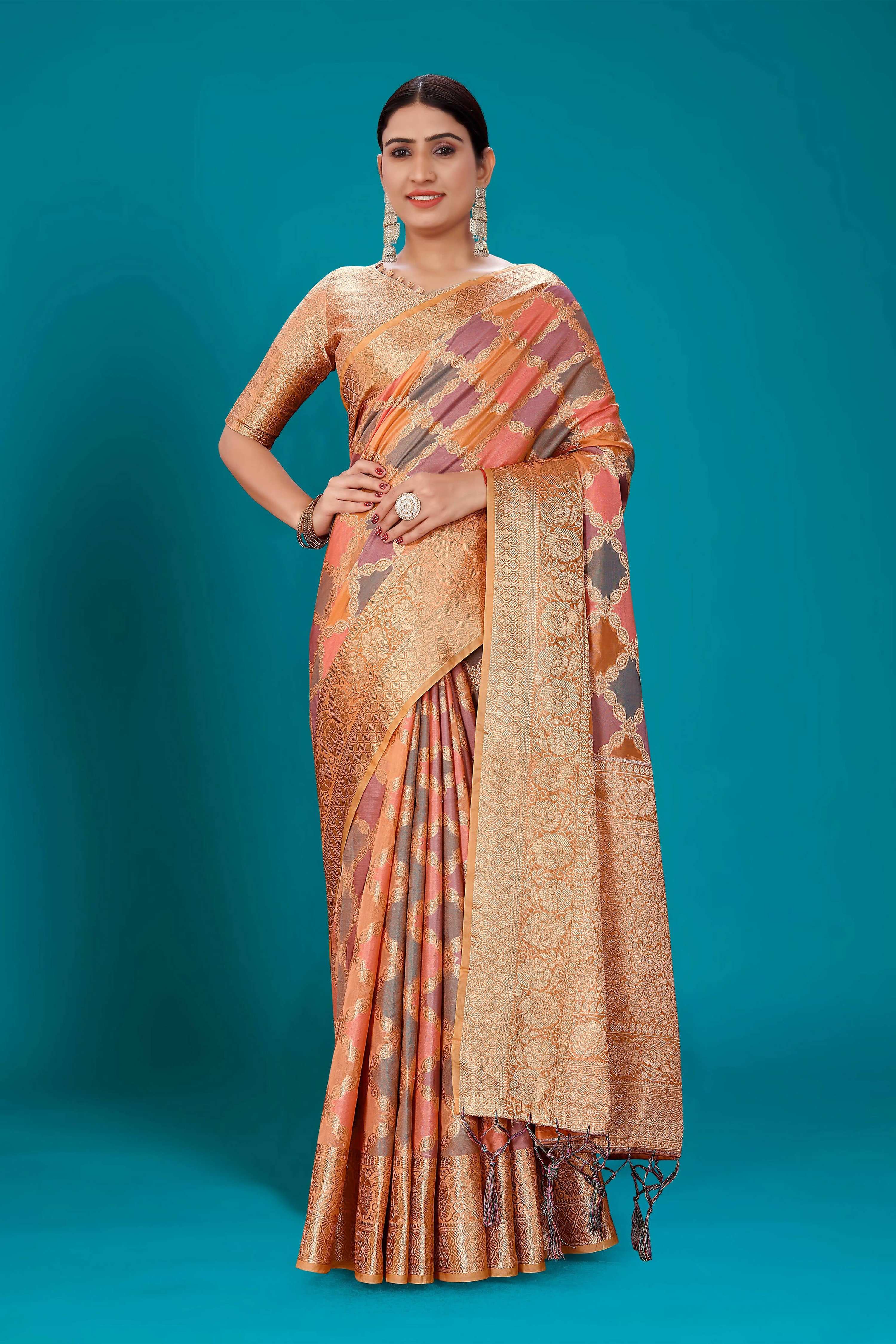 Orange Soft Organza Woven Design Saree with Unstitched Blouse Piece - Zaara - Distacart