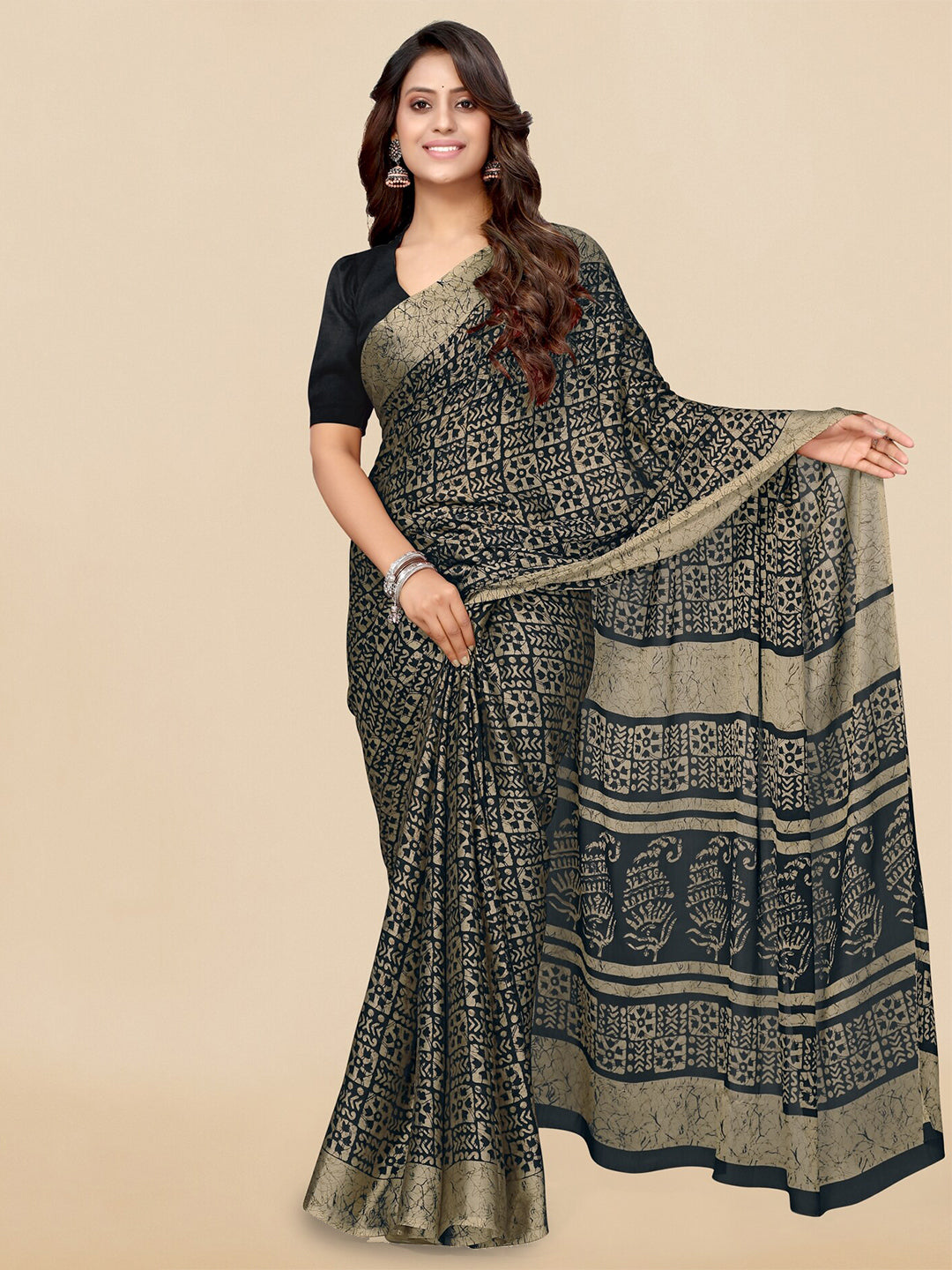 Kalini Black & Beige Batik Printed Chiffon Saree - Distacart