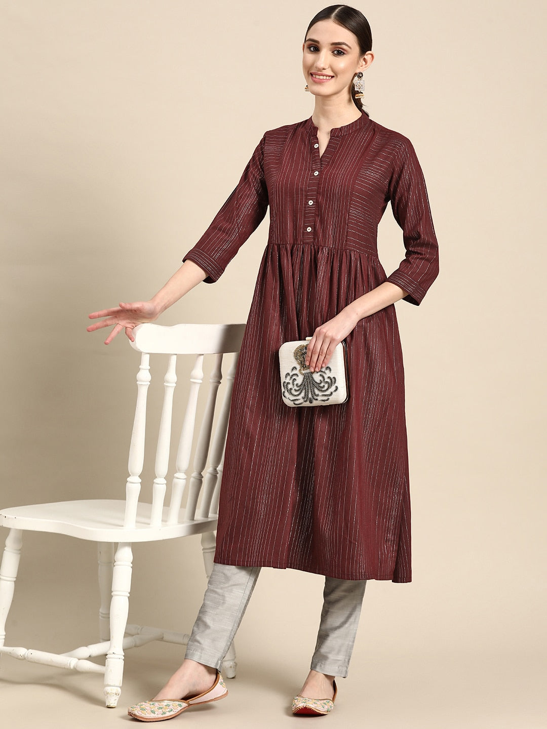 Sangria Women Maroon Striped A-Line Kurta - Distacart