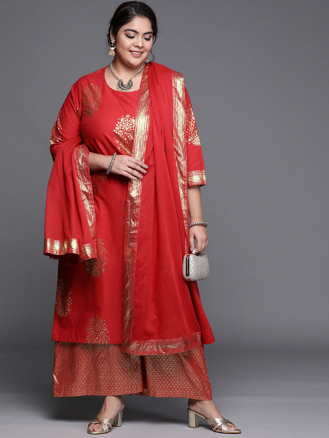 Biba Women Red & Golden Ethnic Foil Printed Regular Kurta with Palazzos & Dupatta - Distacart