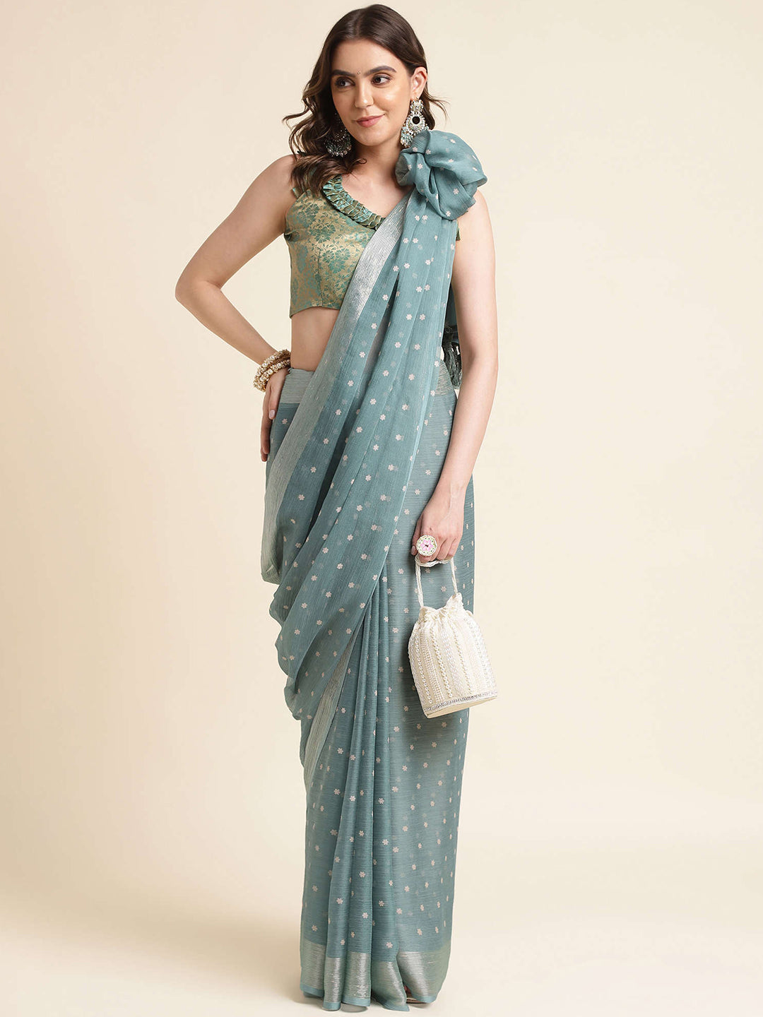 Mitera Sea Green & Gold-Toned Ethnic Motifs Woven Design Zari Pure Chiffon Saree - Distacart