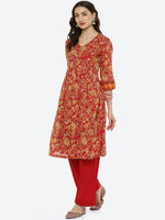 Thumbnail for Biba Women Red Floral Printed Empire Pure Cotton Kurta with Palazzos - Distacart