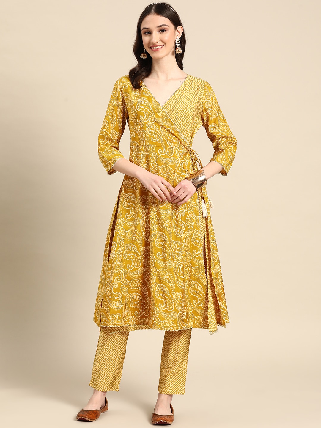 Sangria Women Mustard Yellow Ethnic Motifs Printed Angrakha Gotta Patti Kurta with Trousers - Distacart