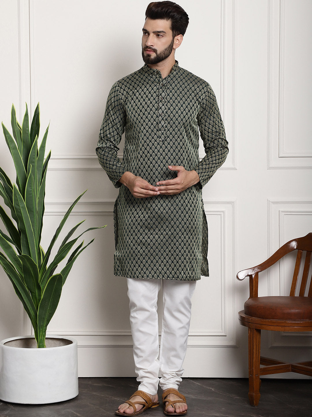 Sojanya Men Green & Off-White Woven Design Kurta with Churidar - Distacart