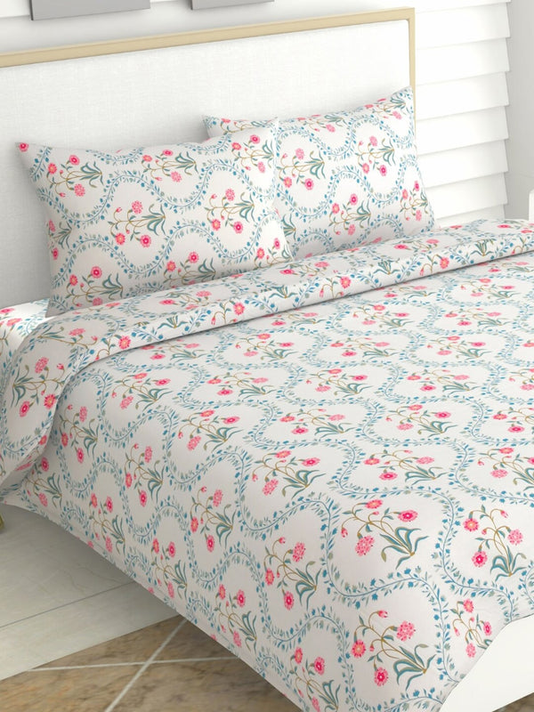 haus & kinder Blossoms Pink & White 186 TC Cotton Queen Bedsheet With 2 Pillow Covers - Distacart