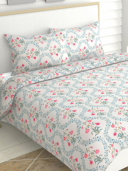 haus & kinder Blossoms Pink & White 186 TC Cotton Queen Bedsheet With 2 Pillow Covers - Distacart