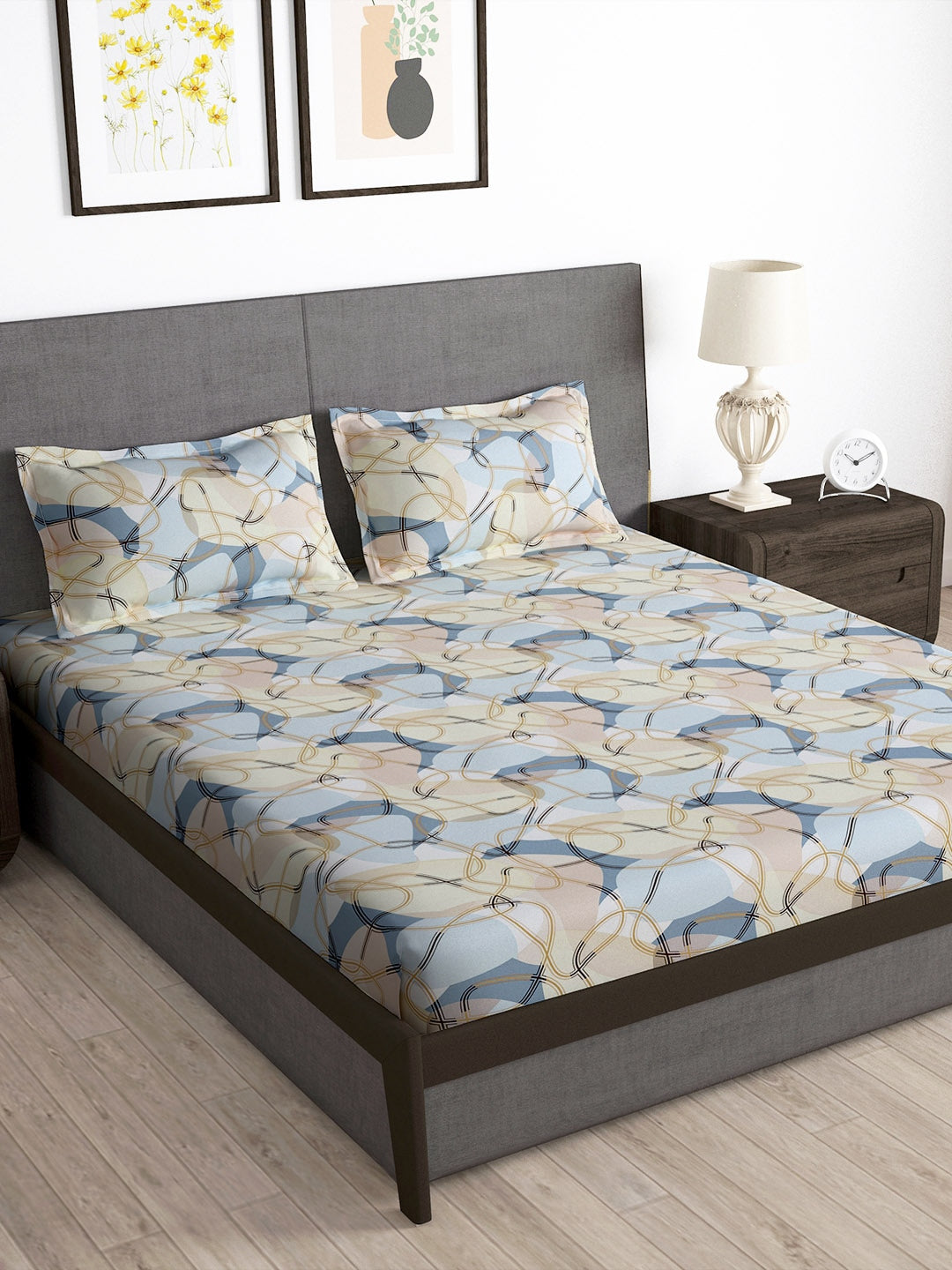 Story@home Arena Cream-Coloured & Grey Printed 180 TC Bedsheet & Pillow Covers - Distacart
