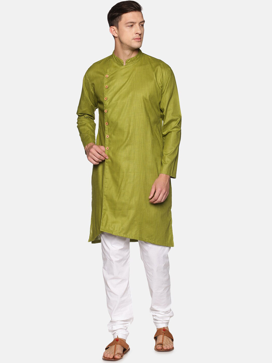 Sethukrishna Men Green Angrakha Pure Cotton Kurta with Pyjamas - Distacart