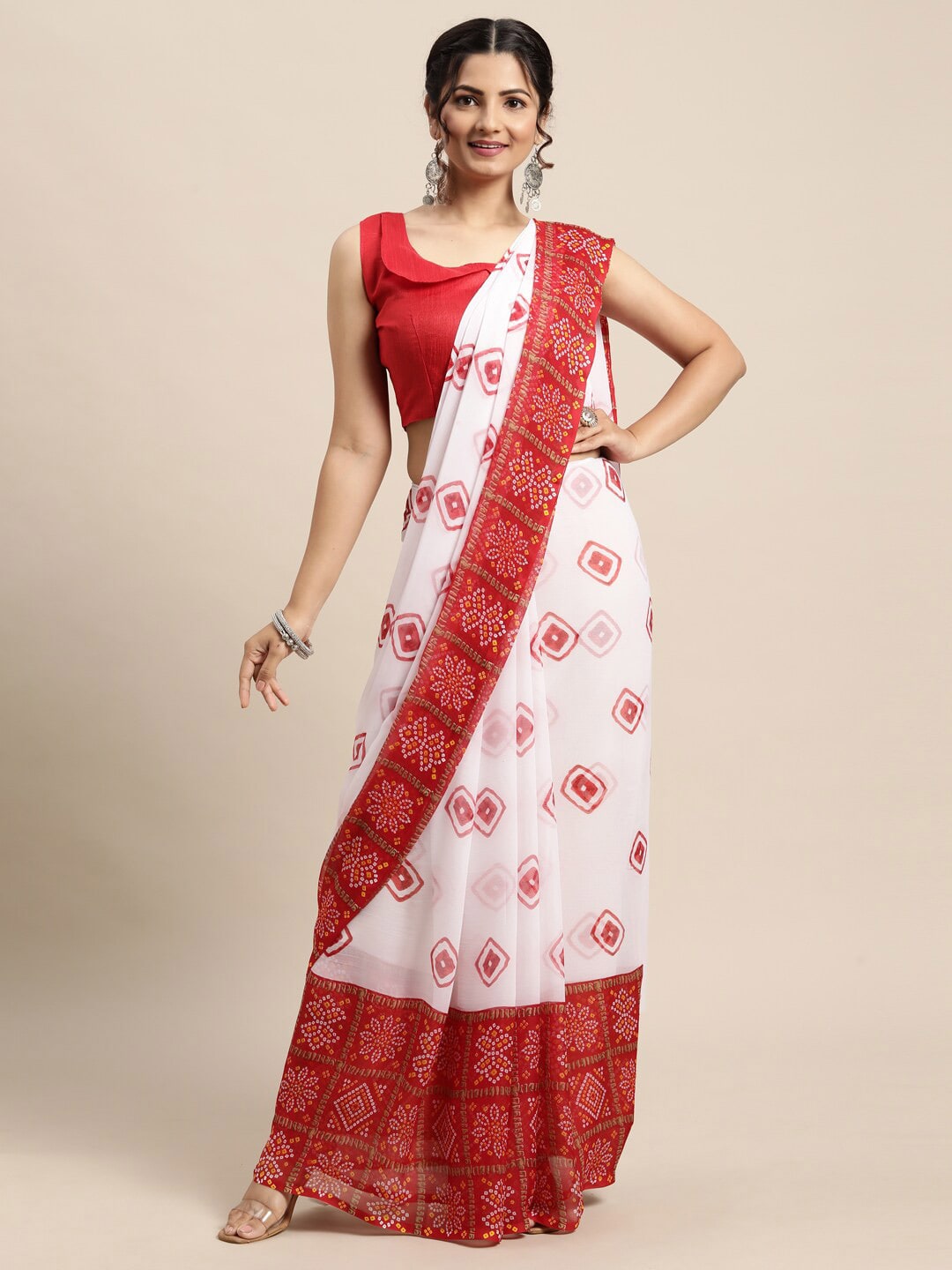 Saree Mall Women White & Red Bandhani Printed Poly Chiffon Sarees - Distacart