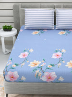 Thumbnail for DREAM WEAVERZ Blue & Pink Floral Glazed Cotton 220 TC King Bedsheet with 2 Pillow Covers - Distacart