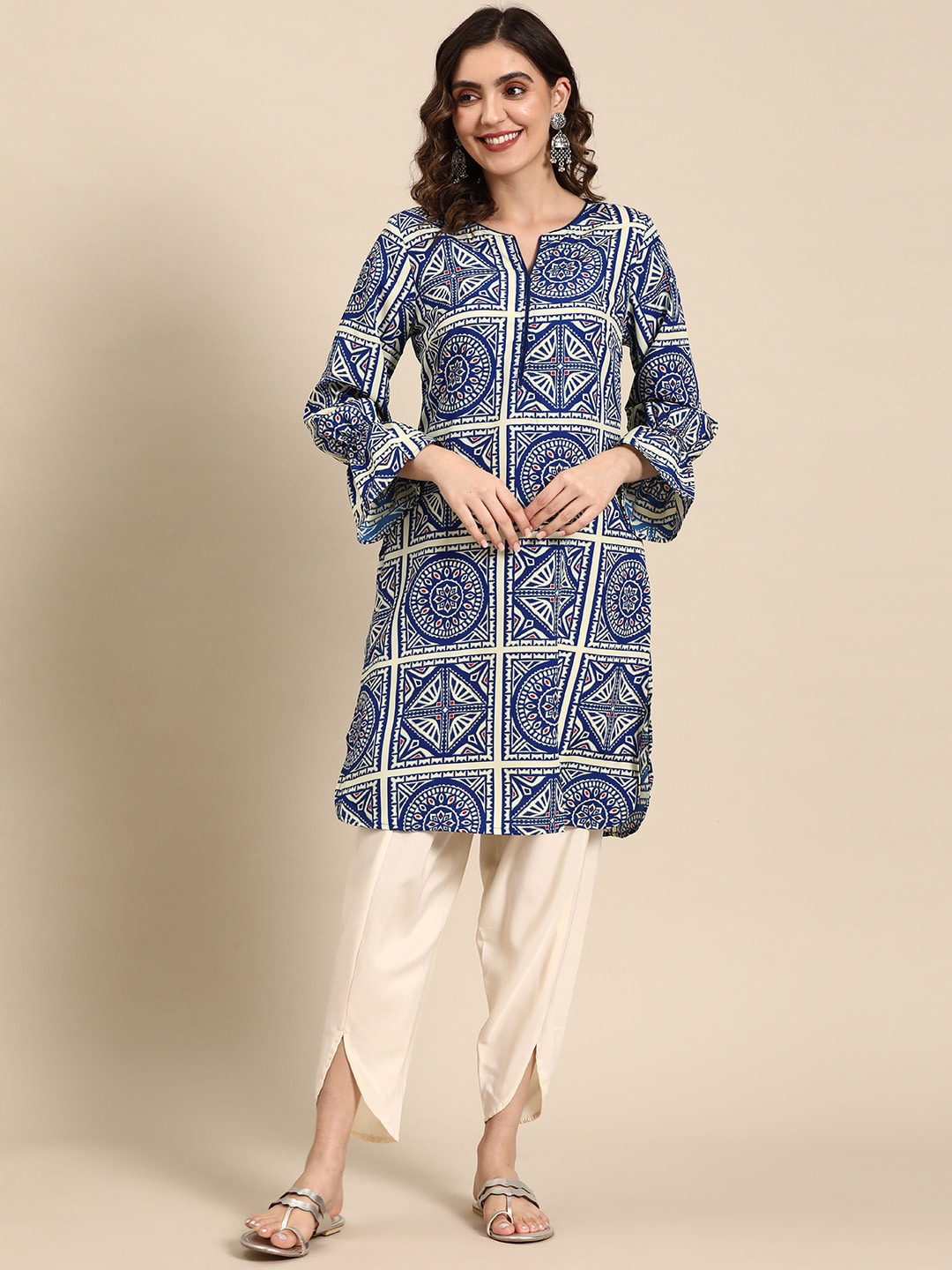 Sangria Ethnic Motifs Printed Puff Sleeves Kurta with Dhoti Pants - Distacart