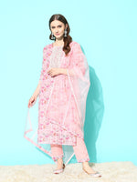 Thumbnail for Sangria Floral Printed Regular Thread Work Linen Kurta with Trousers & With Dupatta - Distacart