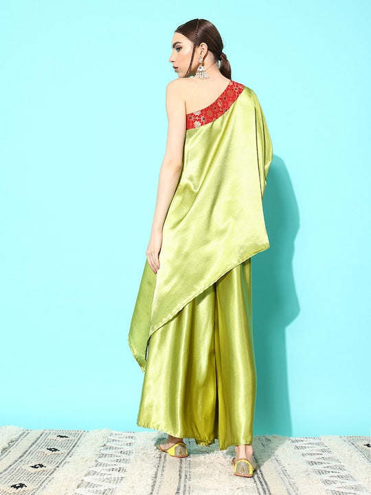 InWeave Women's Olive Red Brocade Satin Oneshoulder Kurta Set - Distacart