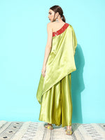 Thumbnail for InWeave Women's Olive Red Brocade Satin Oneshoulder Kurta Set - Distacart