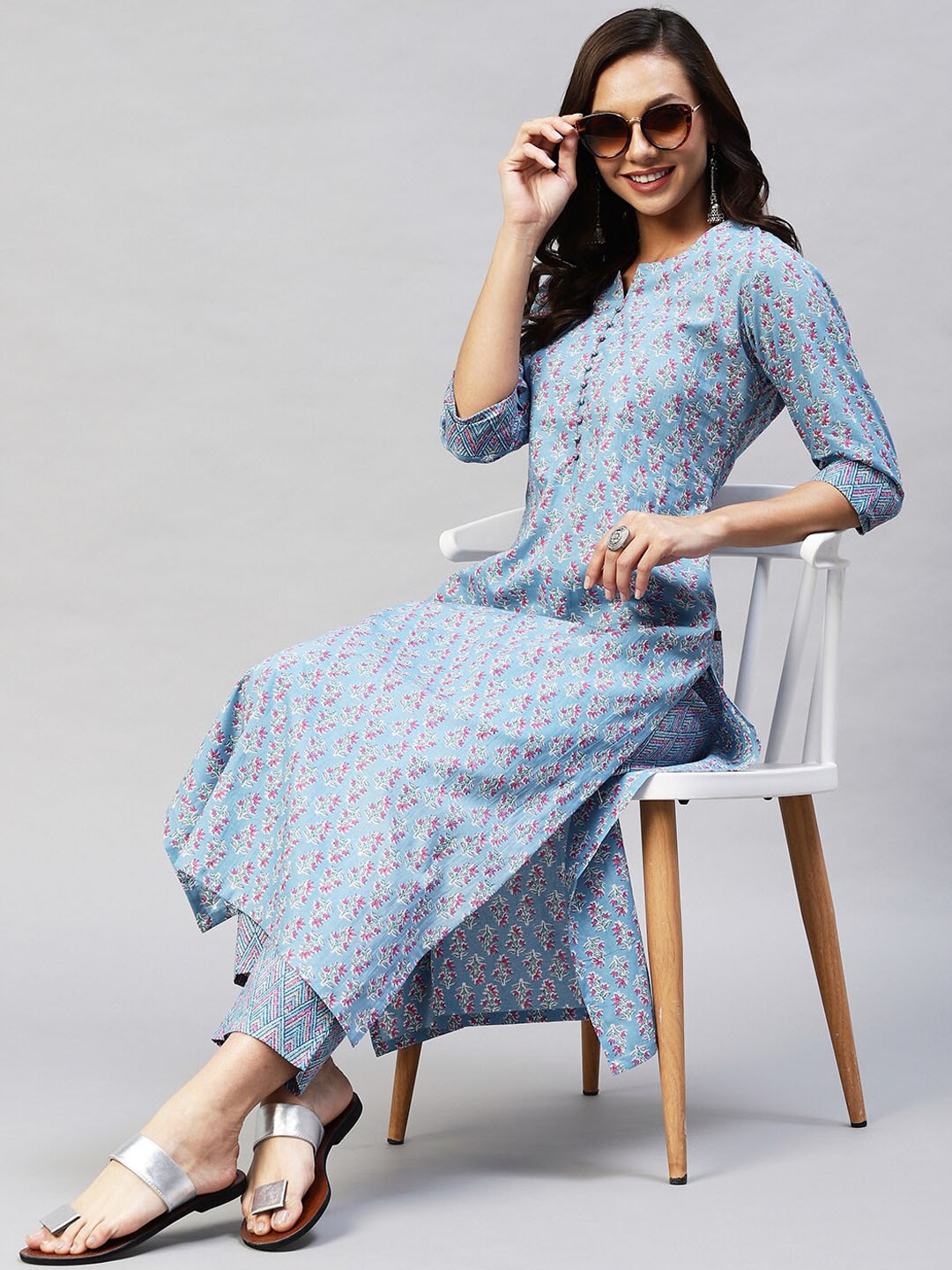 Kalini Women Blue Ethnic Motifs Printed Kurta with Trousers - Distacart