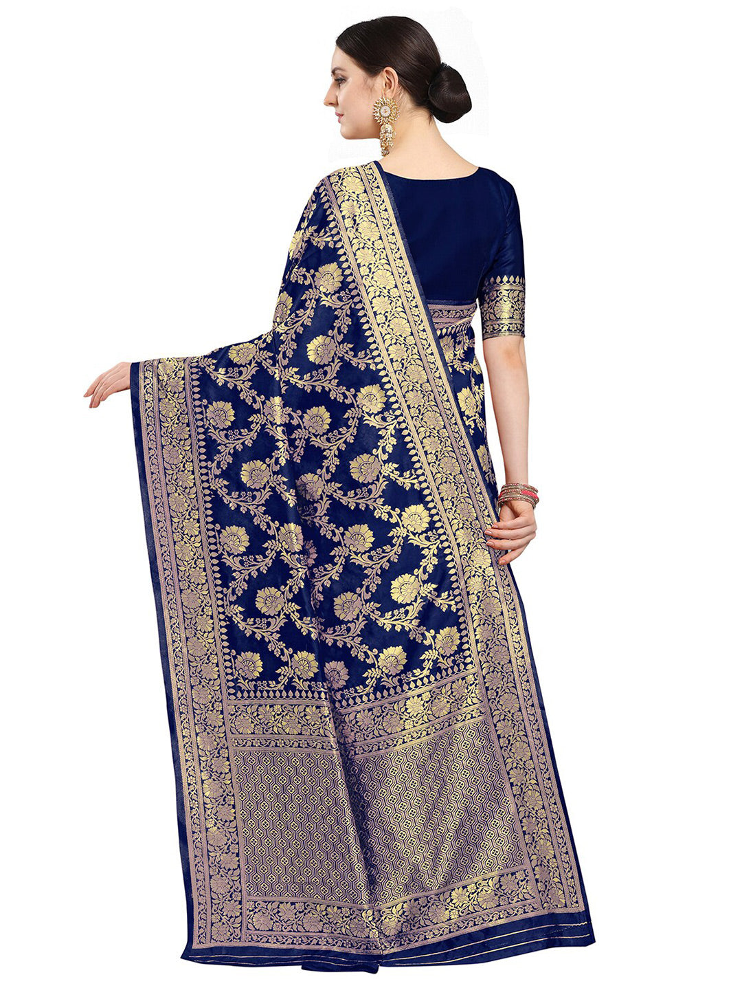 Kalini Navy Blue & Gold-Toned Woven Design Zari Silk Blend Fusion Banarasi Saree - Distacart