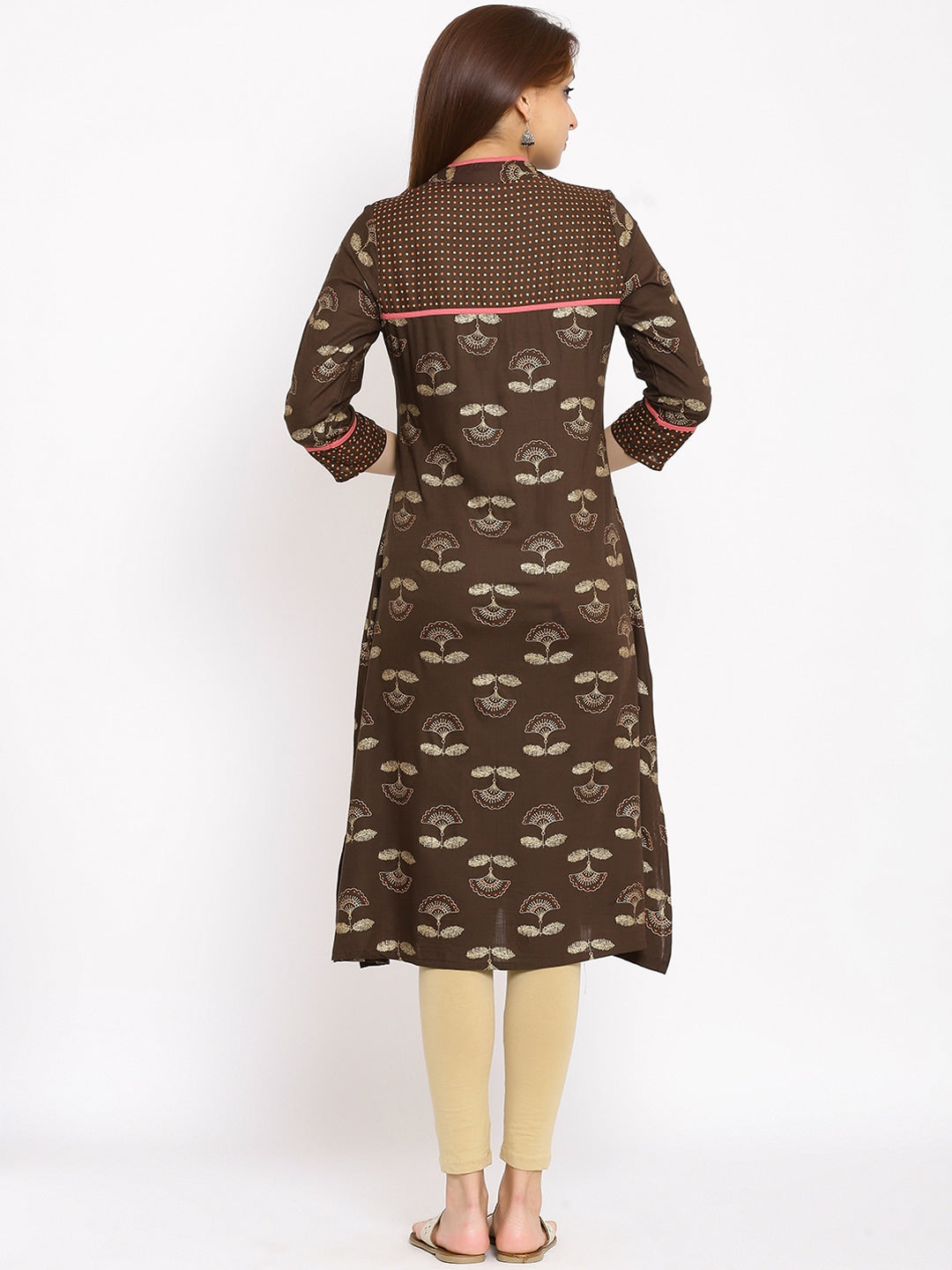 HERE&NOW Brown & Beige Mandarin Collar Floral Printed Straight Kurta - Distacart