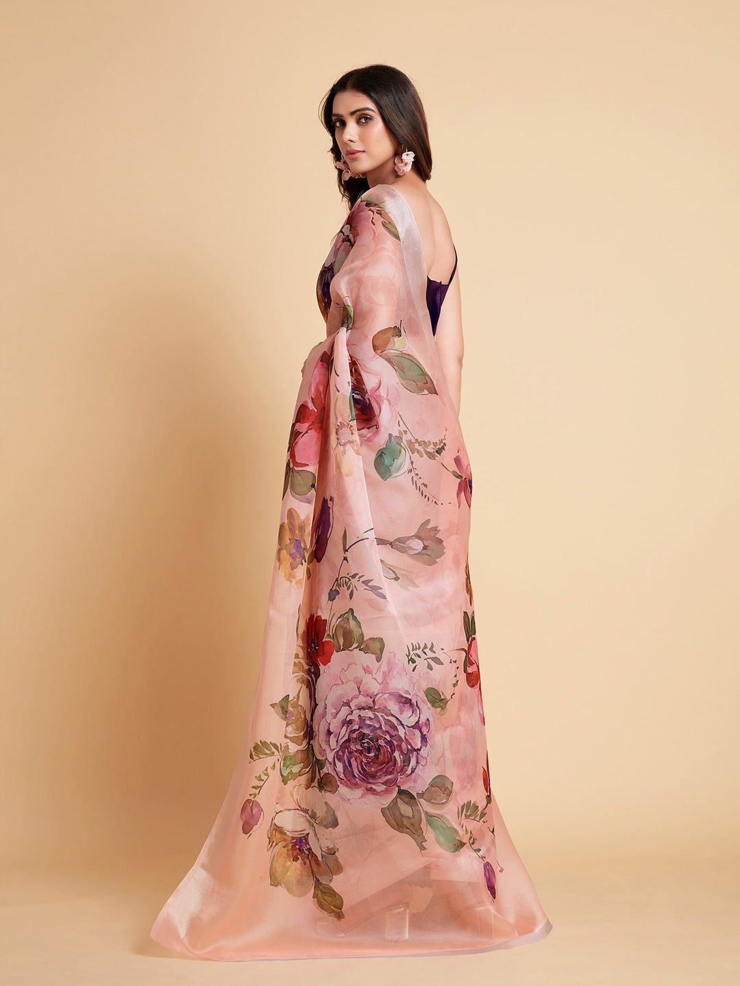 Sangria Peach-Coloured & Purple Floral Organza Saree - Distacart