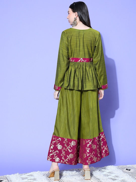 InWeave Women's Olive Wine Brocade Mughal Shaan Kurta Palazzo Set - Distacart
