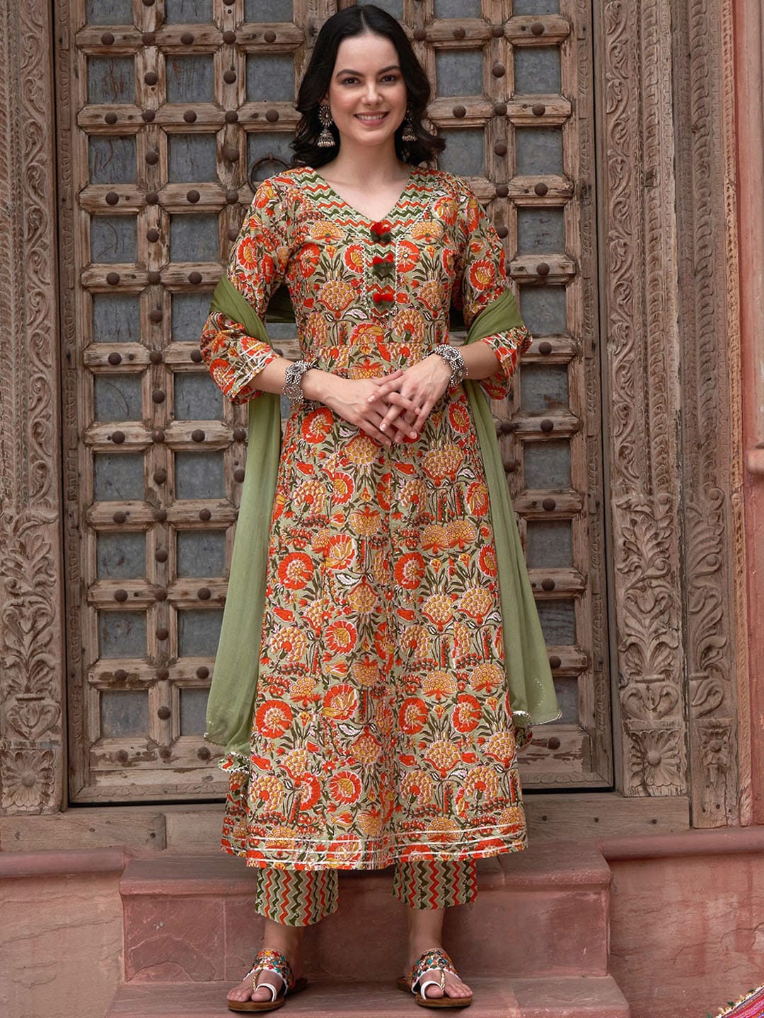 Sangria Orange Printed Gotta Patti Detail Pure Cotton A-Line Kurta With Trousers & Dupatta - Distacart