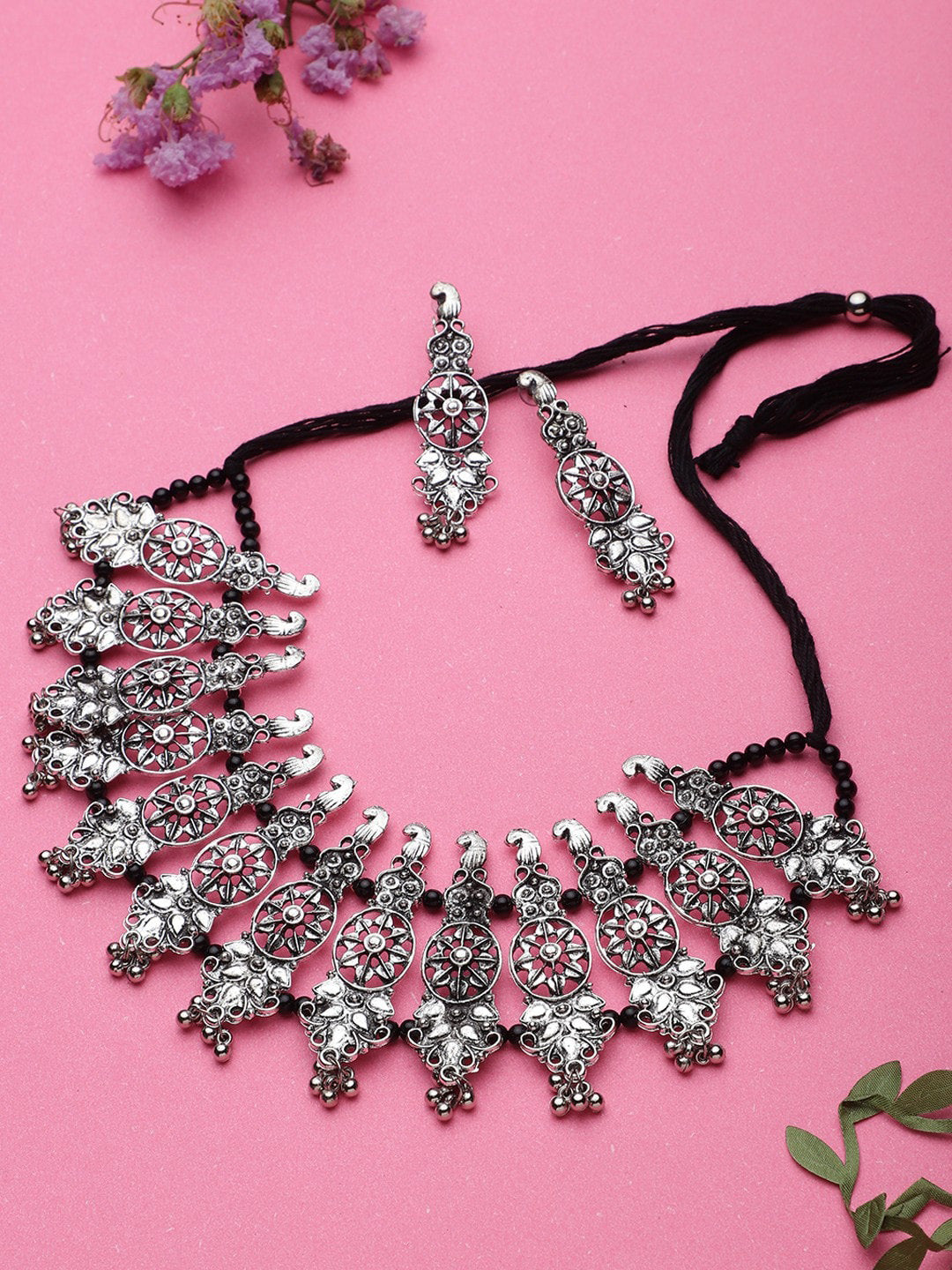 Cardinal Oxidised Silver-Plated Stone-Studded & Beaded Jewellery Set - Distacart