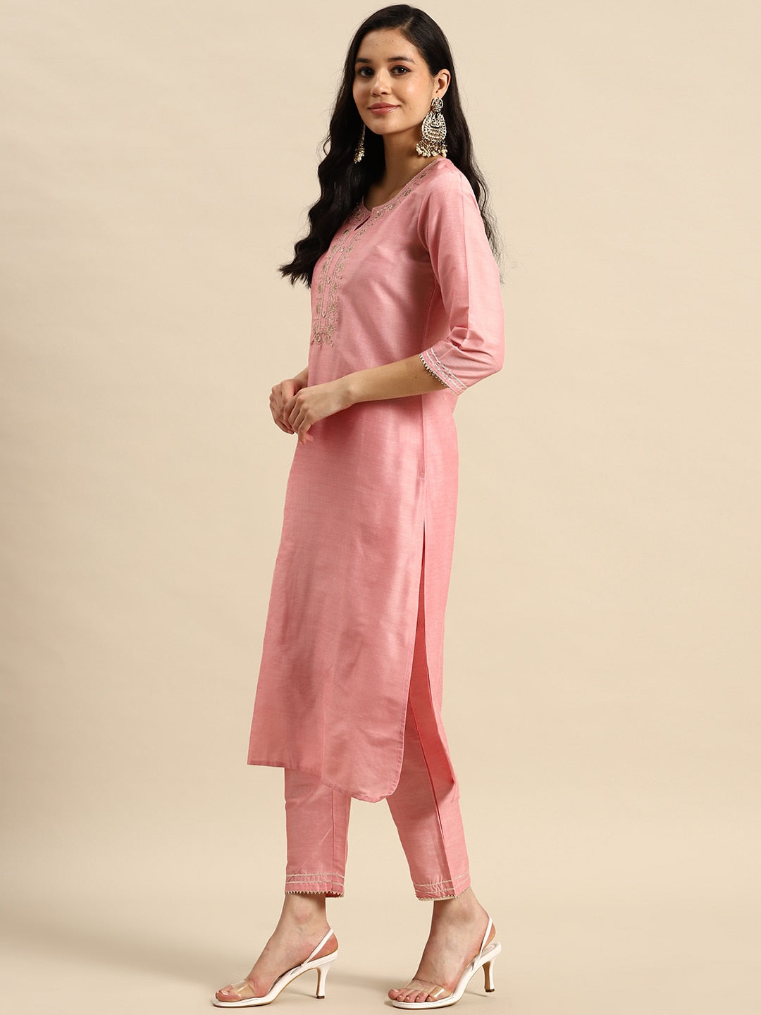 Sangria Floral Embroidered Sequinned Pure Cotton Kurta with Trousers & Dupatta - Distacart