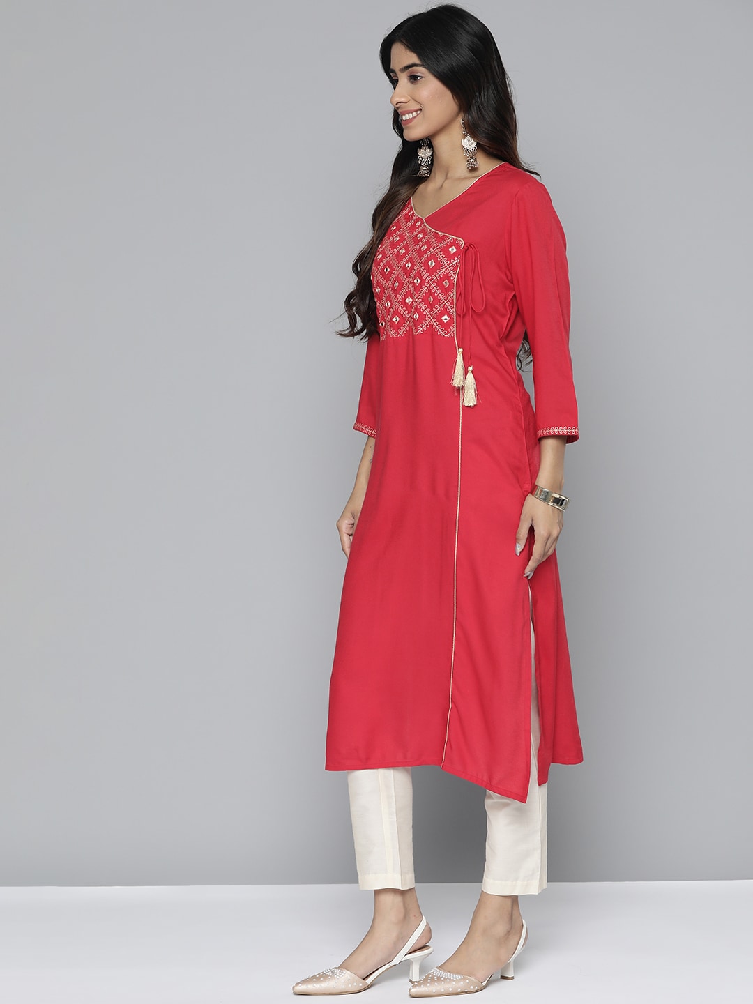 HERE&NOW Women Pure Cotton Ethnic Motifs Mirror Work Angrakha Kurta - Distacart
