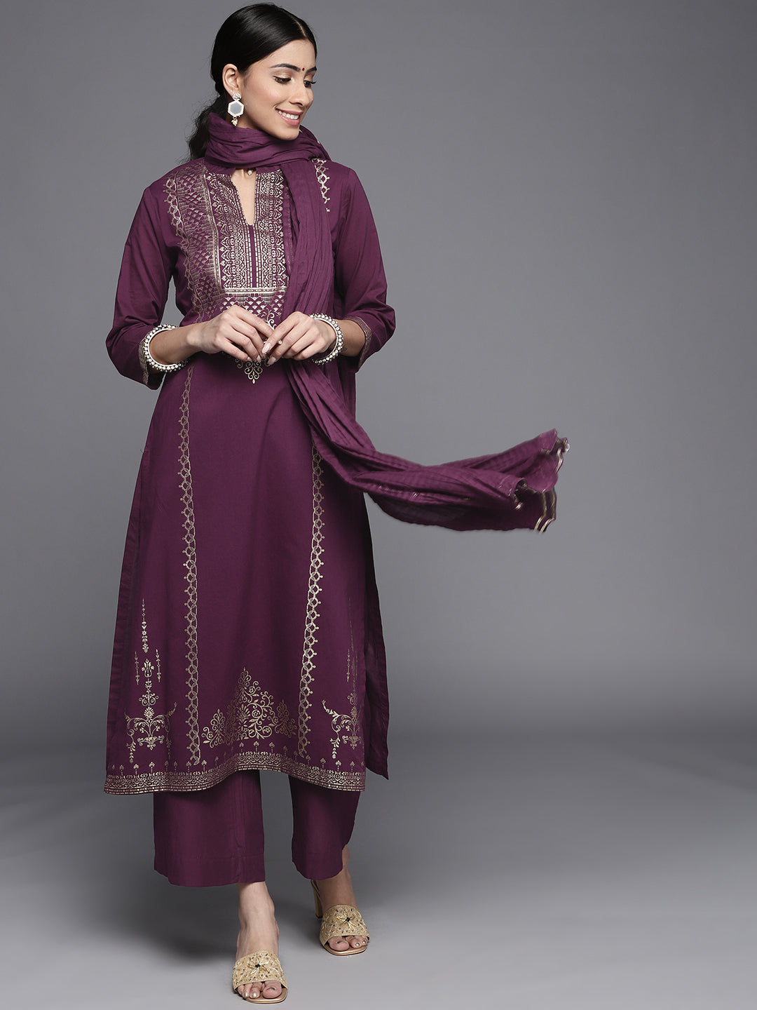 Biba Women Purple & Golden Printed Pure Cotton Kurta with Palazzos & Dupatta - Distacart