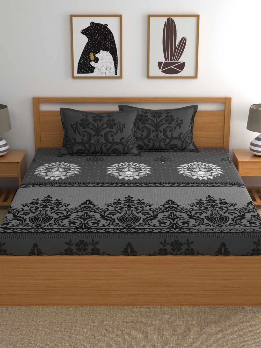 Dreamscape Grey & White Ethnic Motifs 144 TC Queen Bedsheet with 2 Pillow Covers - Distacart