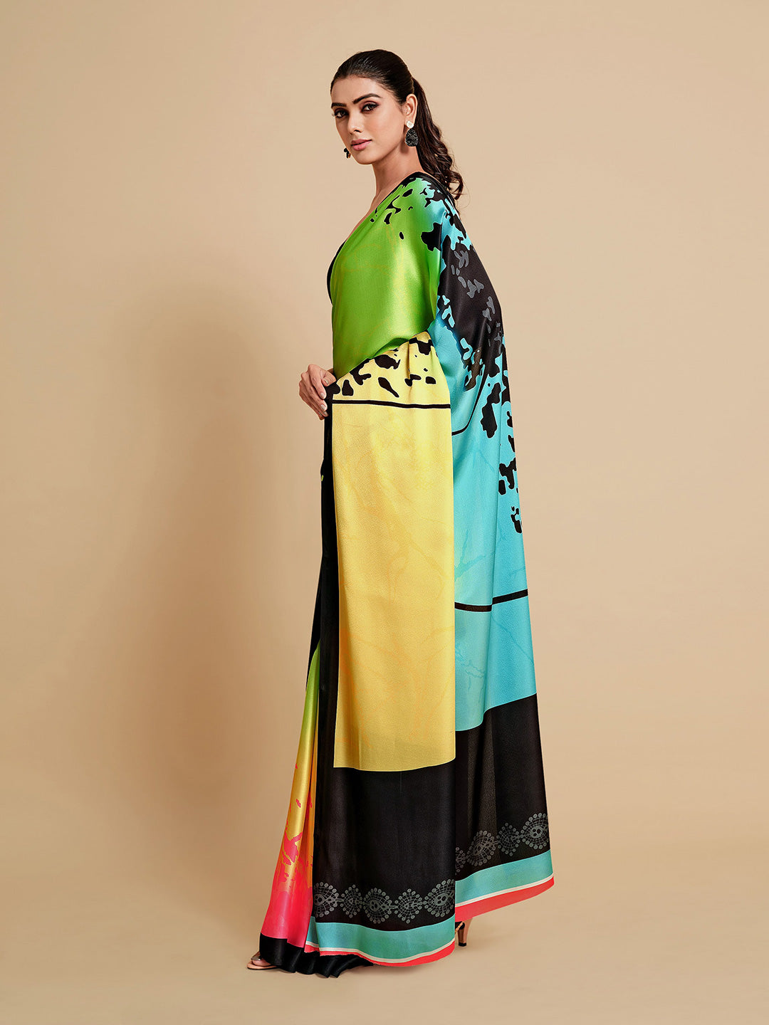 Sangria Lime Green & Blue Satin Saree - Distacart