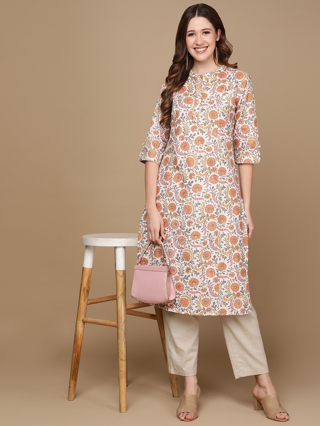 HERE&NOW White & Yellow Floral Printed Sequined Cotton Kurta - Distacart