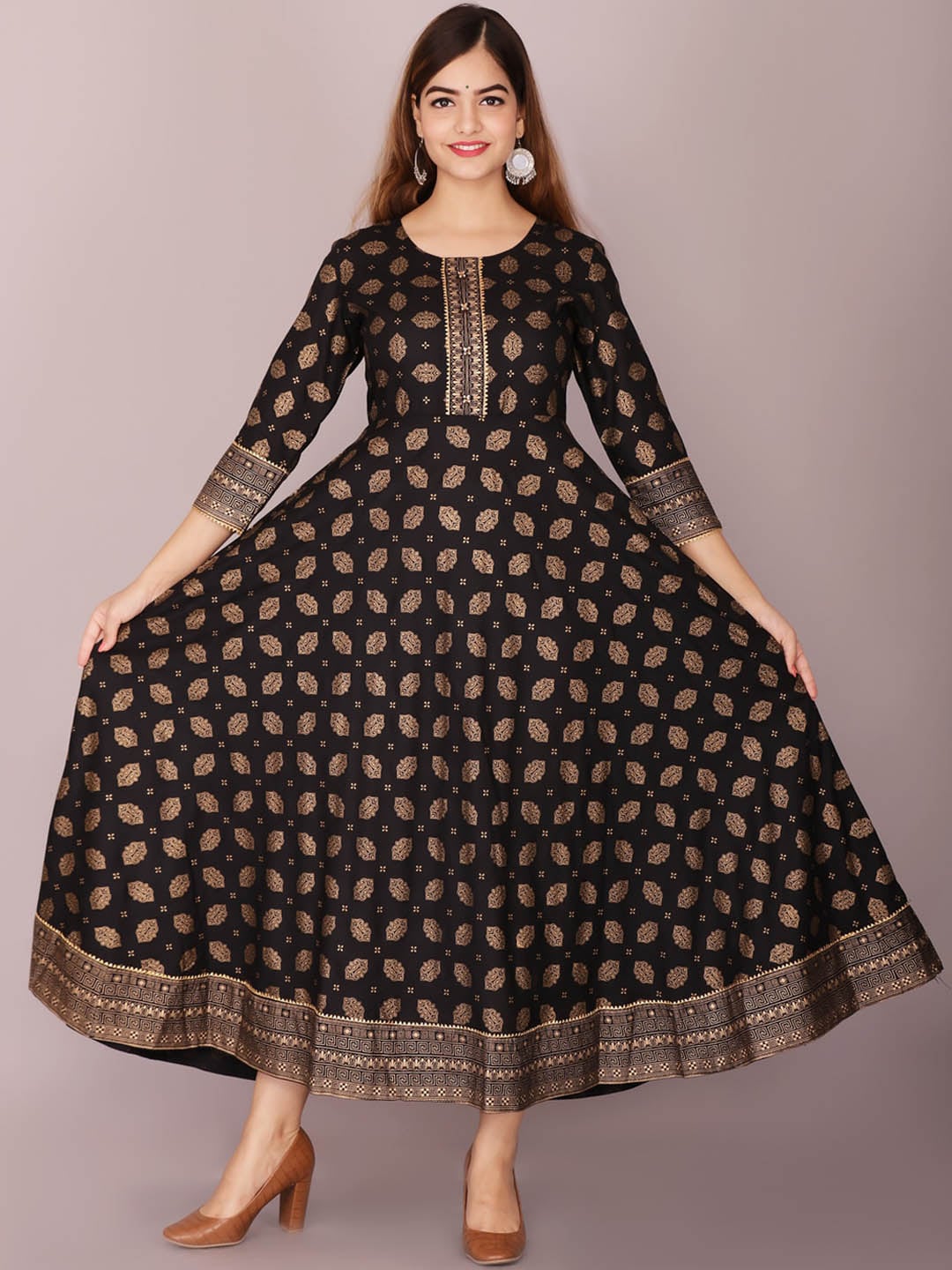 Kalini Women Black & Gold-Toned Ethnic Motifs Printed Anarkali Kurta - Distacart