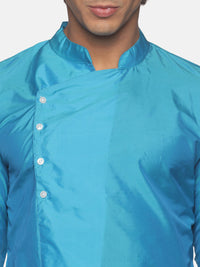 Thumbnail for Sethukrishna Men Turquoise Blue Angrakha Kurta with Trousers - Distacart