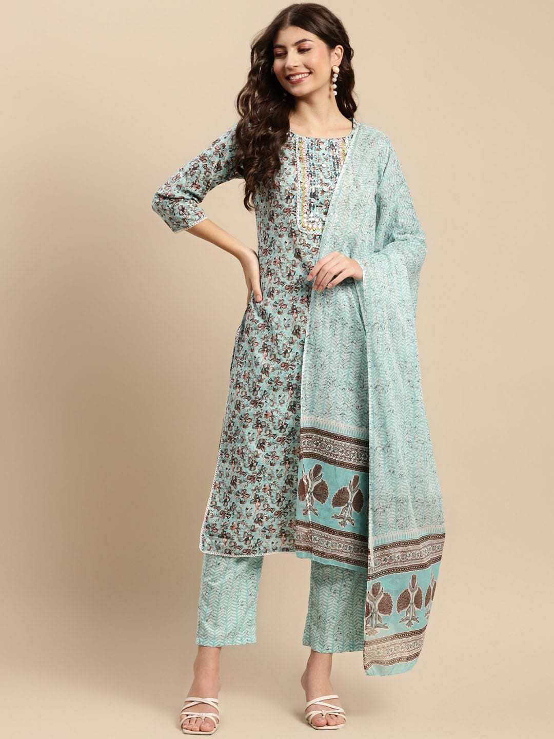 Sangria Sea Green & Brown Floral Printed Pure-Cotton Straight Kurta With Trouser & Dupatta - Distacart