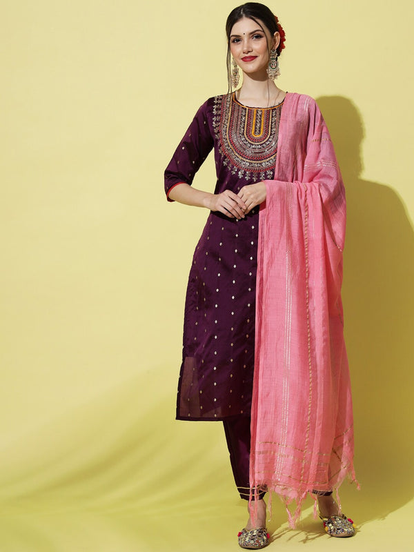 Kalini Ethnic Motifs Yoke Design Regular Thread Work Kurta with Trousers & With Dupatta - Distacart