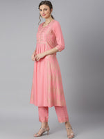 Thumbnail for Khushal K Women Pink & Golden Ethnic Motifs Printed Kurta with Trousers & Dupatta - Distacart