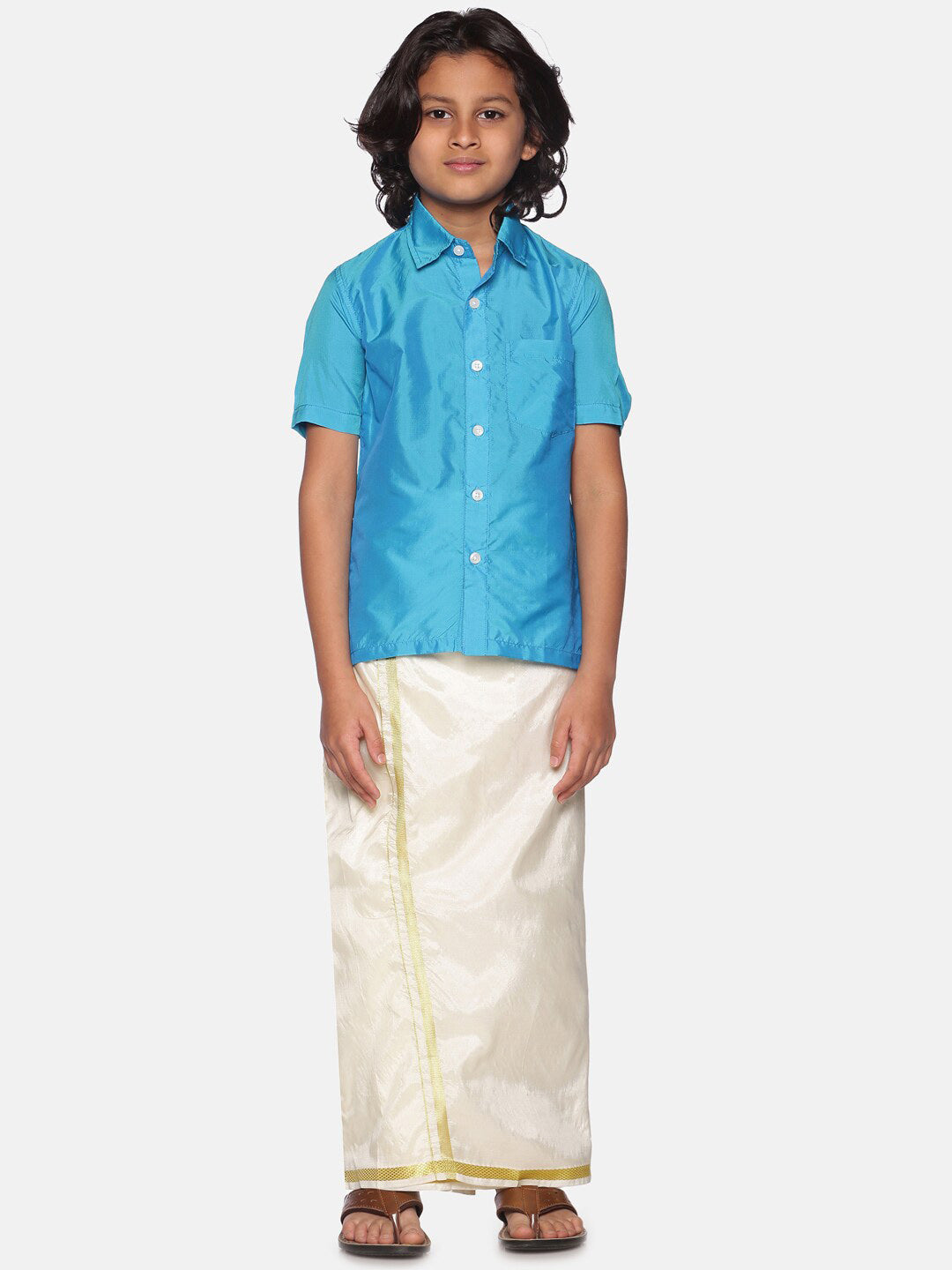 Sethukrishna Boys Turquoise Blue & White Shirt with Dhoti - Distacart