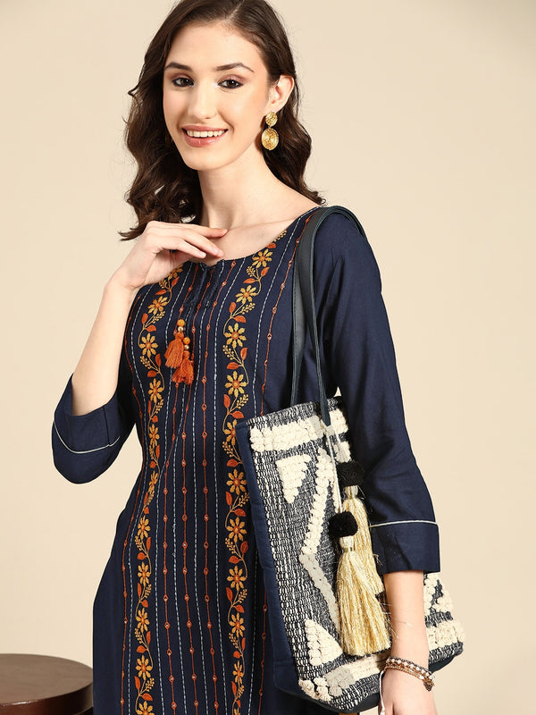 Sangria Women Navy Blue Floral Embroidered Floral Kurta - Distacart