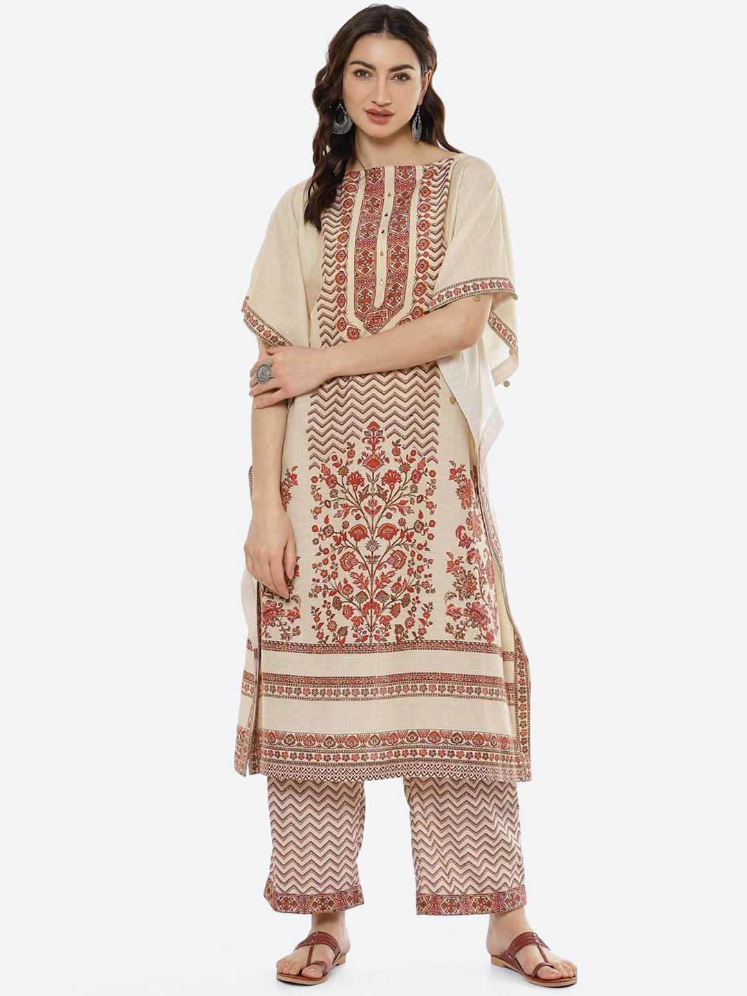 Biba Women Beige Ethnic Motifs Printed Kurta with Palazzos - Distacart