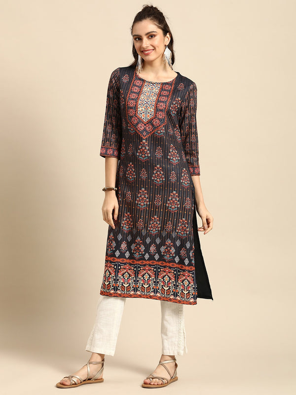 Sangria Women Black Ethnic Motifs Printed Kurta - Distacart