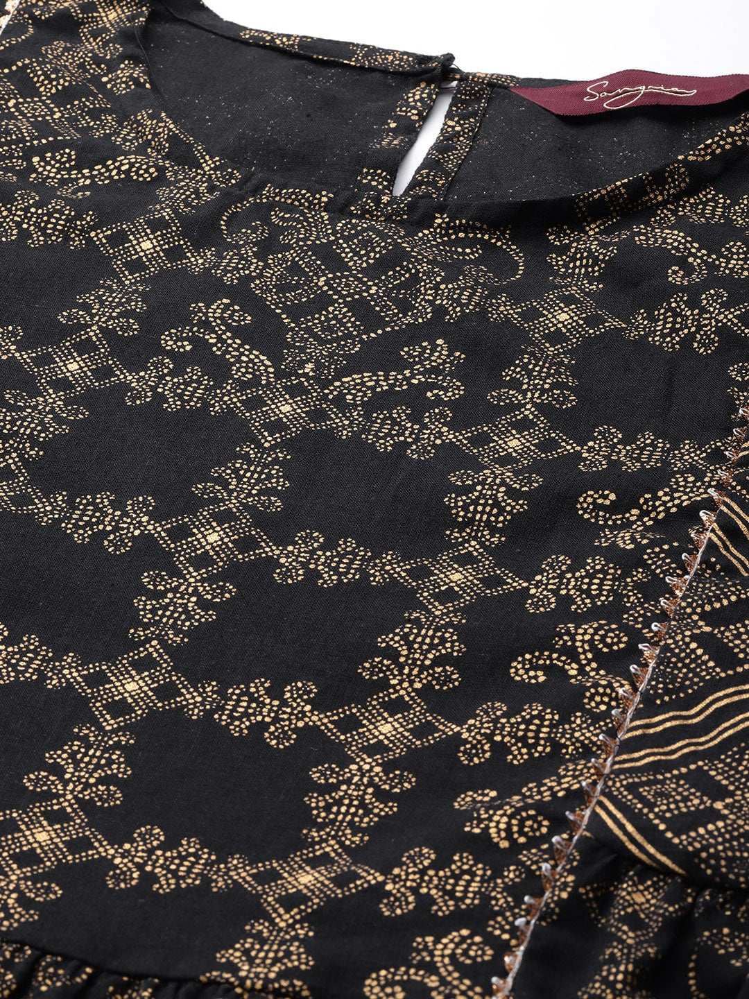 Sangria Women Black & Golden Ethnic Motifs Printed Pure Cotton Kurta with Palazzos - Distacart