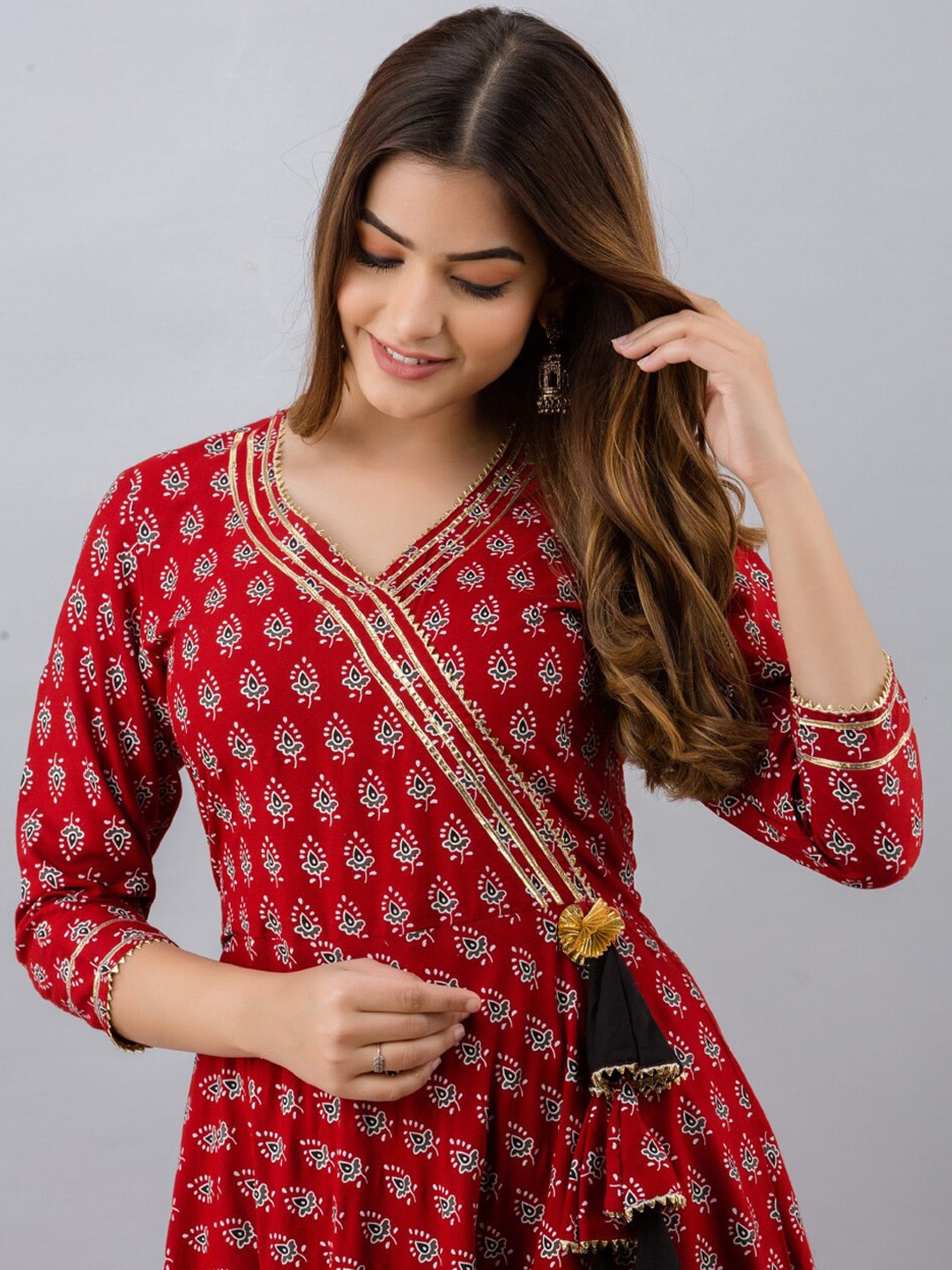 Kalini Women Maroon & Gold-Toned Ethnic Motifs Printed Flared Sleeves Gotta Patti Anarkali Kurta - Distacart