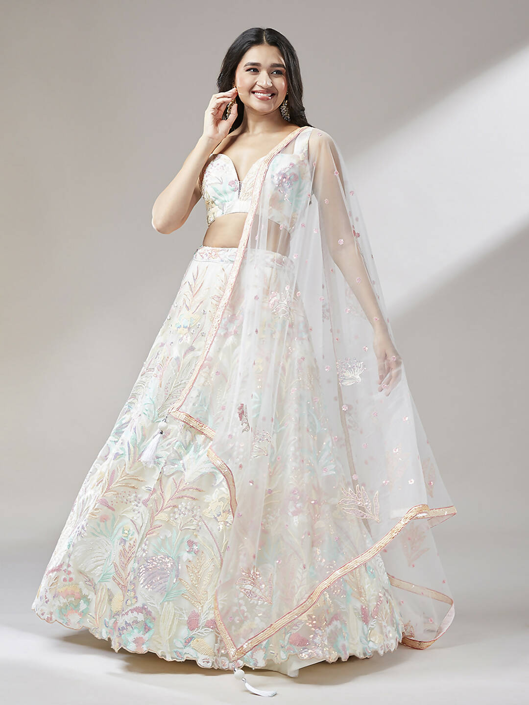 House of Panchhi Cream Net Sequinse Work Lehenga & Blouse with Dupatta - Distacart