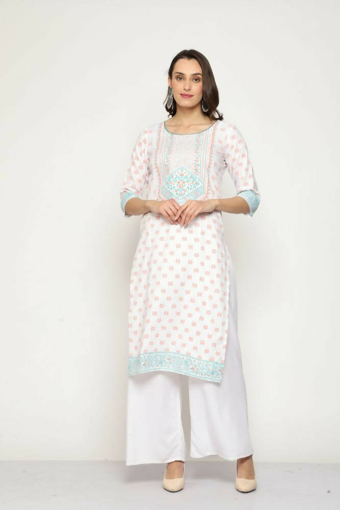Maai Rayon Hand Printed Kurta Off-White - Distacart