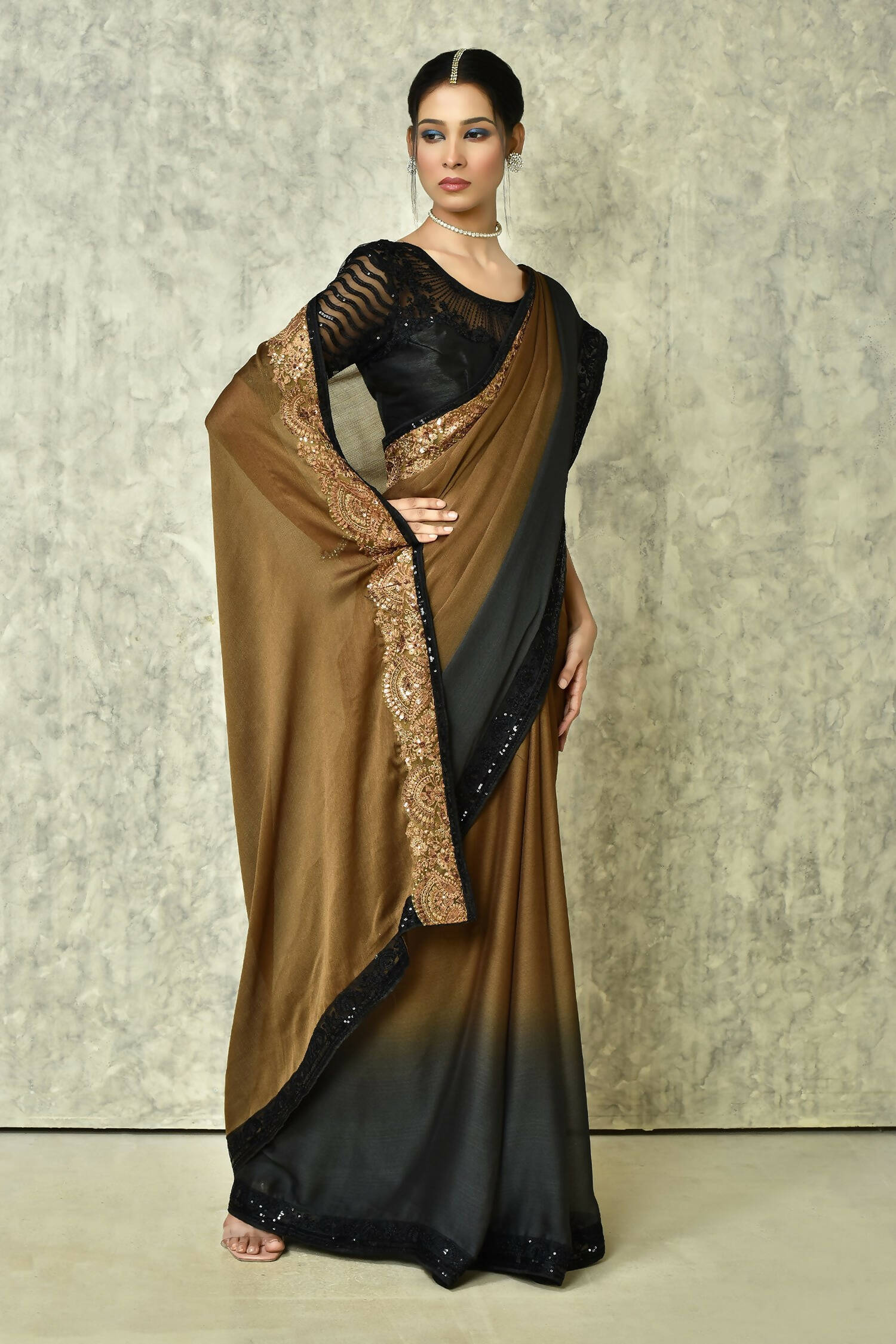 Brown Silk Solid Designer Saree with Blouse - Purvi - Distacart