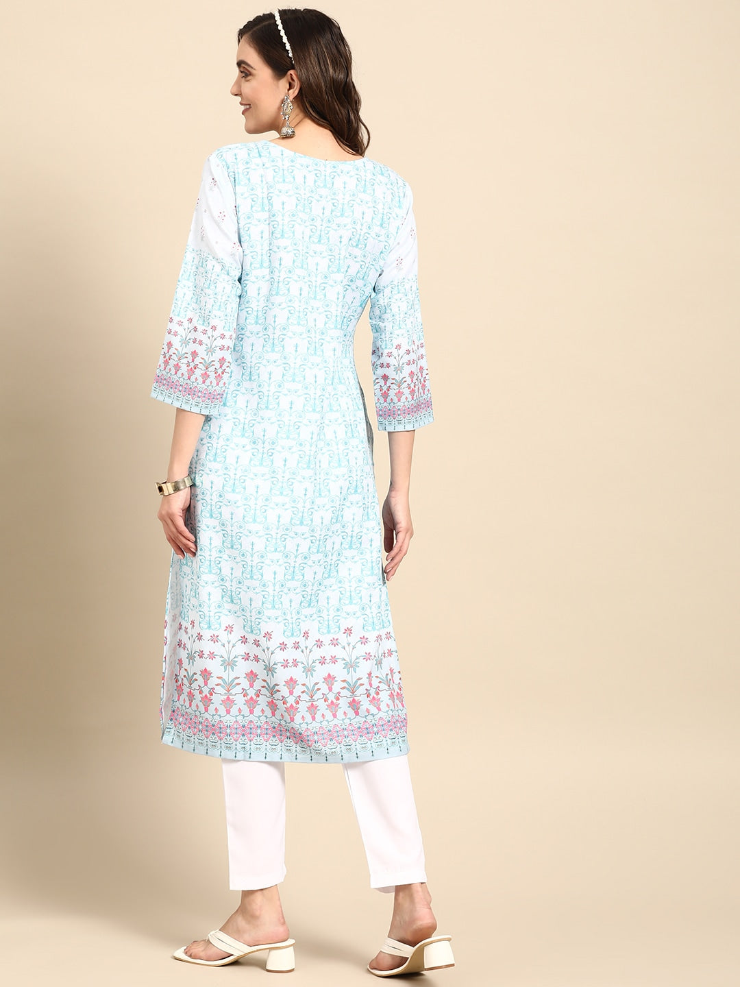 Sangria Women Turquoise Blue Floral Embroidered Kurta - Distacart