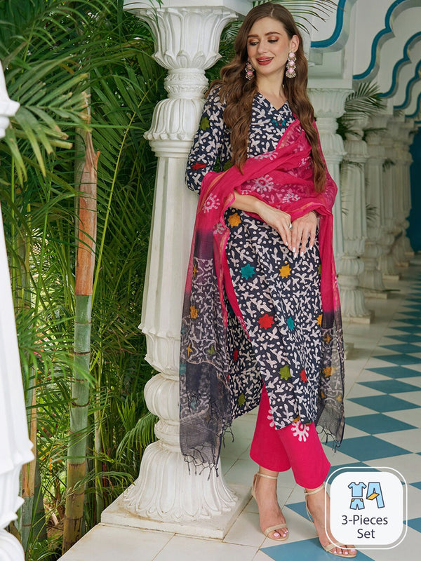Kalini Ethnic Motifs Batik Printed V-Neck Straight Kurta & Trousers With Dupatta - Distacart