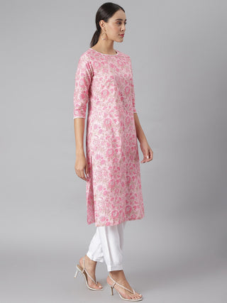Khushal K Women Pink Floral Printed Cotton Kurta - Distacart