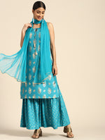 Thumbnail for Sangria Women Blue & Golden Ethnic Motifs Printed Kurta with Sharara & Dupatta - Distacart